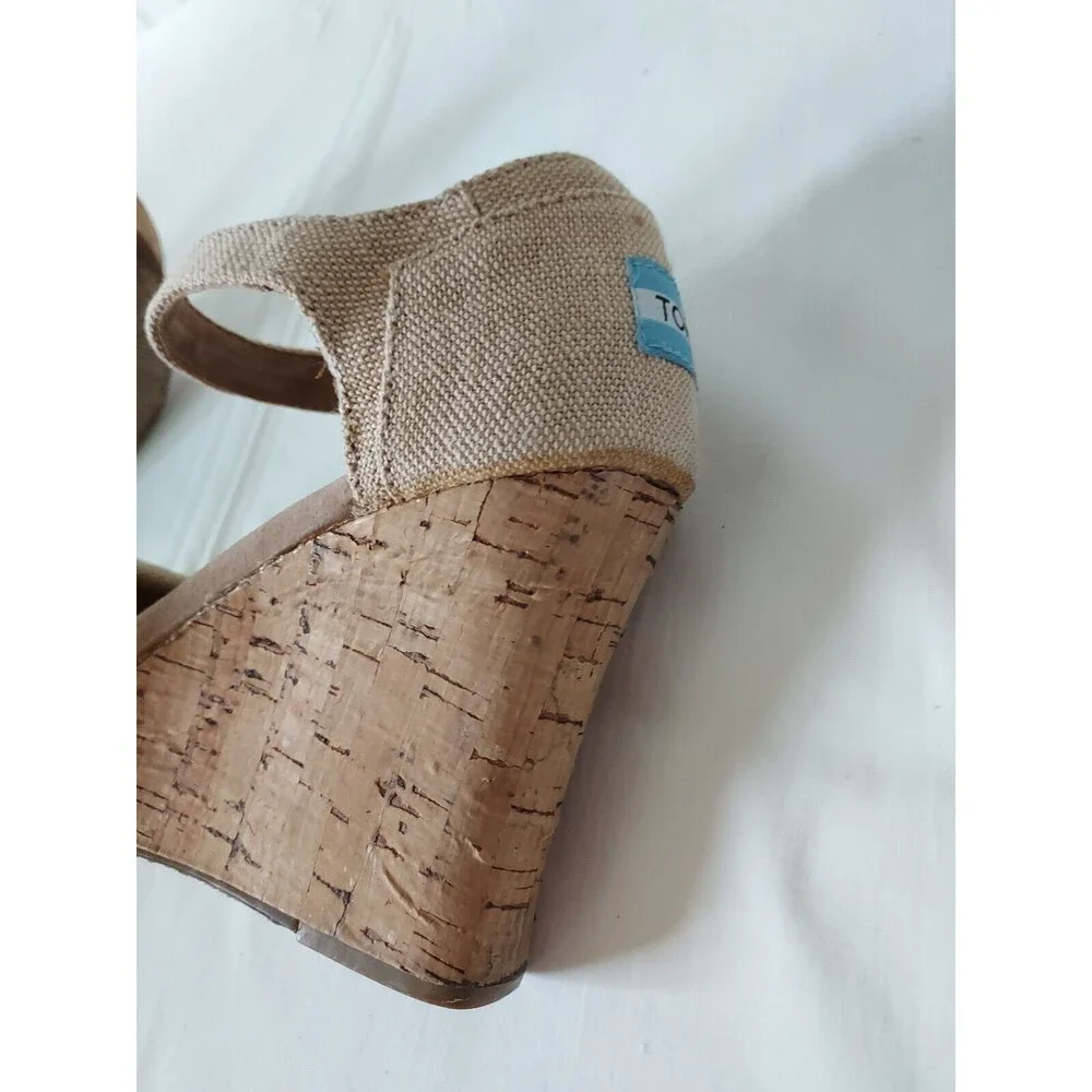 Toms Women's Size 7.5 Sierra Natural Canvas Cork Strappy‎ Wedges Sandals